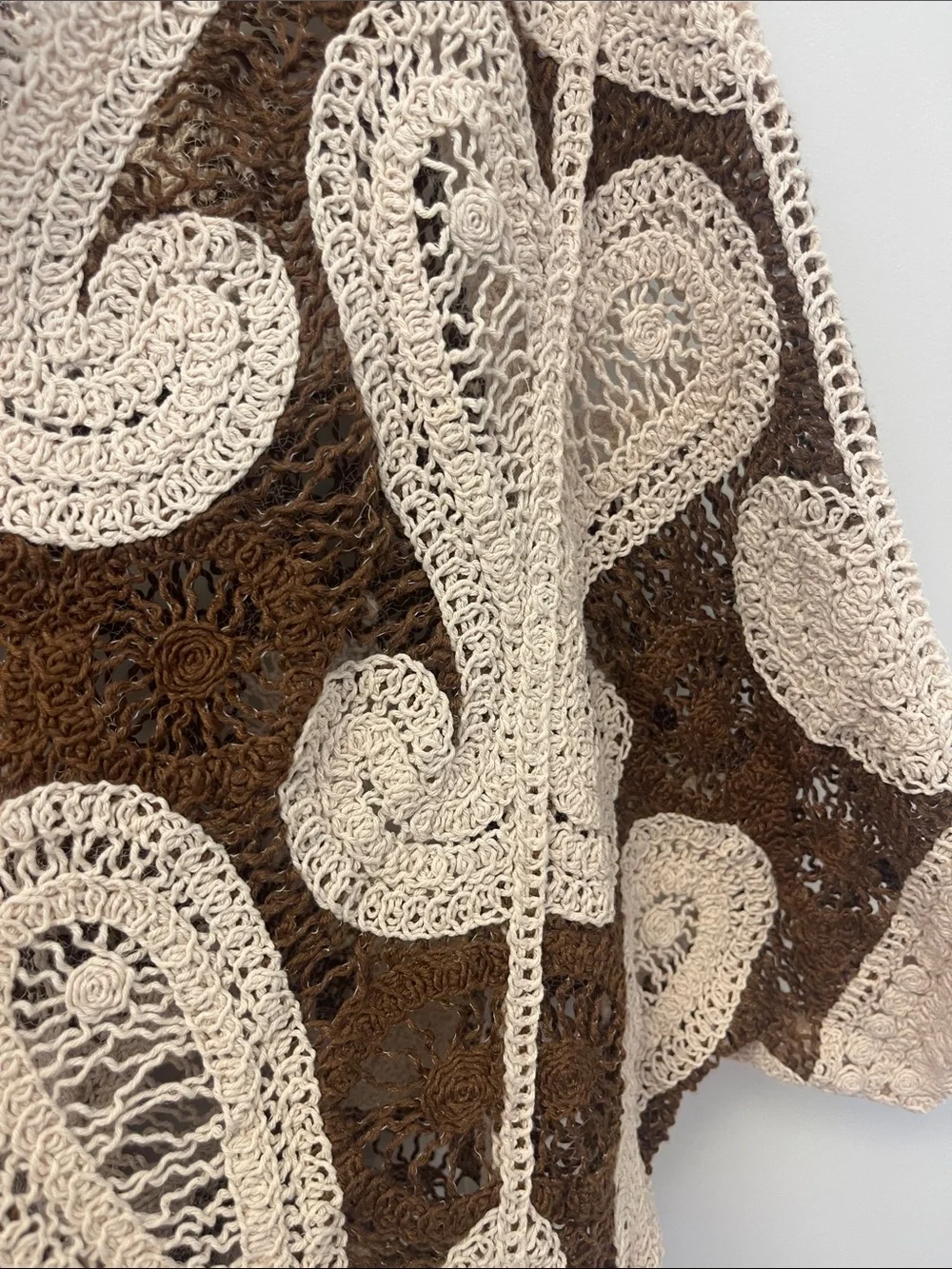 Cream & Brown Crochet Open Cardigan Sweater - Picture 7 of 8